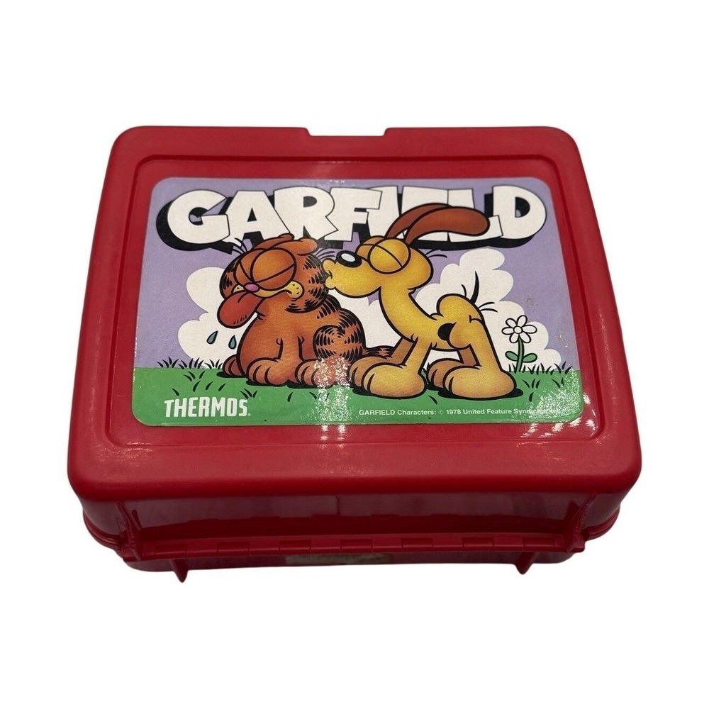 VTG 1978 Garfield Lunch Box Thermos Set Jim Davis Red Plastic Thermos Brand